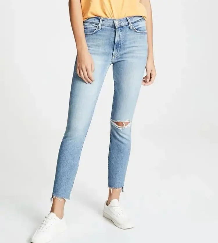 

women Hole high waist ankle-length jeans casual slim Straight demin pants
