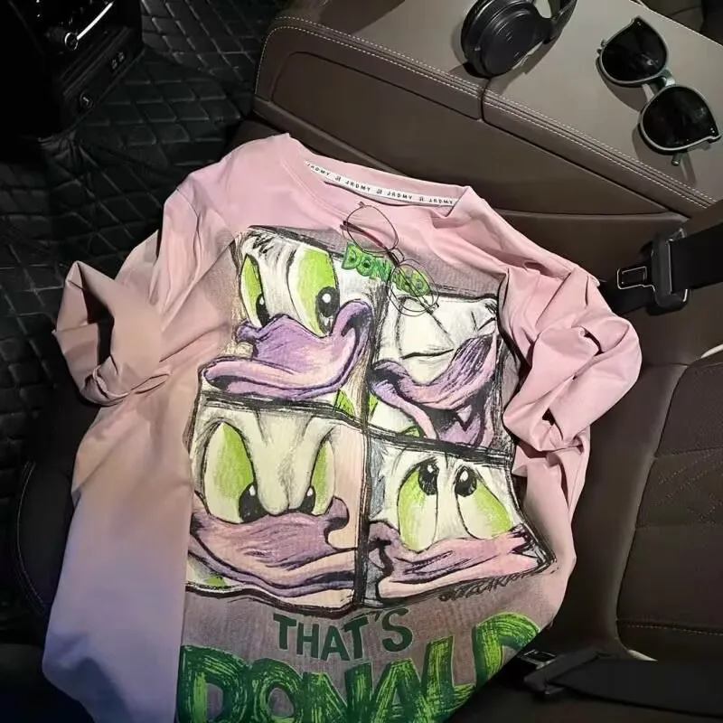 

Korean Retro Oversized T Shirt Couples Summer New Donald Duck Print O-Neck Short Sleeved Tshirt Loose Versatile Harajuku Tops