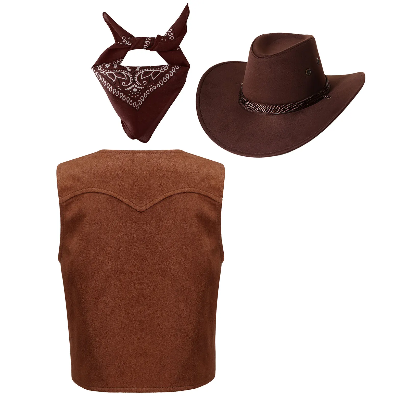 Children 3Pcs Cowboy Cowgirl Costume Brown Fringe Vest Paisley Bandanna and Cowboy Hat Set for Halloween Carnival Party Dress Up