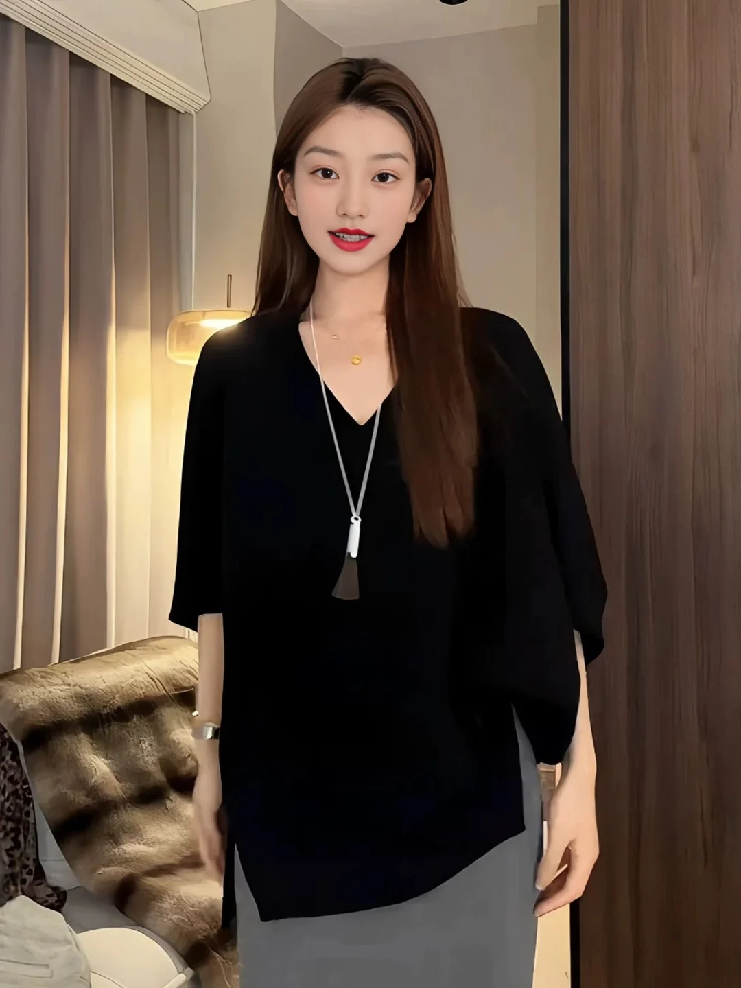 plus Size Asymmetrical Short Sleeve V-Neck Batwing T-Shirt Women's Loose Fit Summer Casual Style Top Cover up Slimming