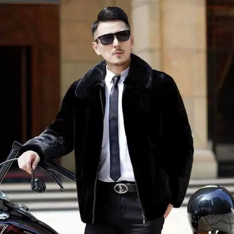 

Men's Black Faux Fur Jacket High End Business Imitation Mink Fur Short Outwear Winter Thicken Warm Plush Collar Hooded Coats