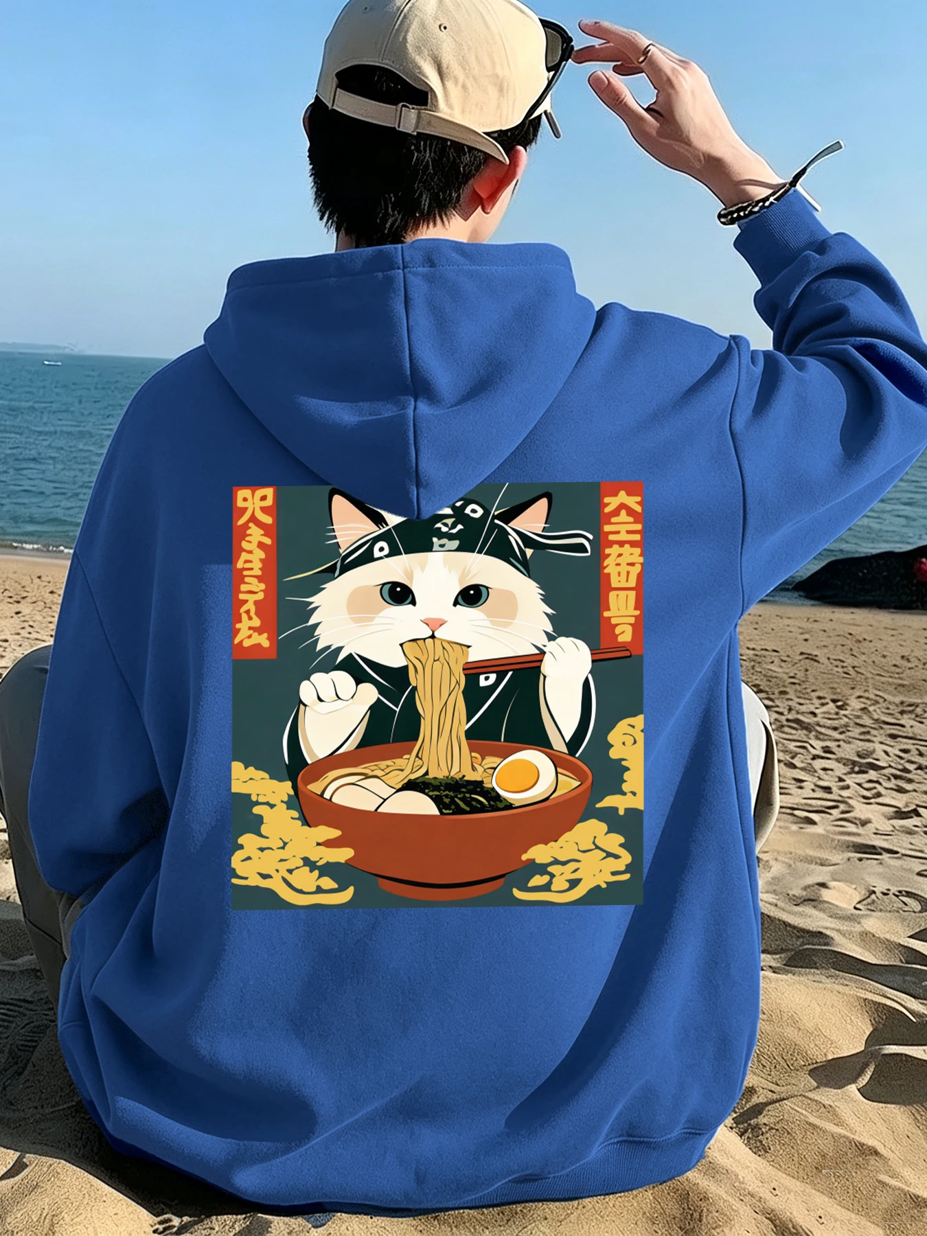 Cats Who Like Lamian Noodles Very Much Print Men Street Fleece Hip Hop Hoodies Casual Loose Clothes Pocket Autumn Sportswears