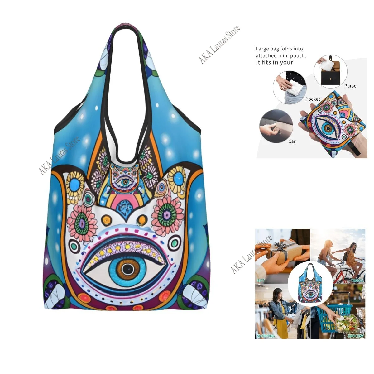 Shoulder Bag Hamsa Hand Painted-with Colored Paints Colorful Ladies Handbag Tote Bag Reusable Large Bag