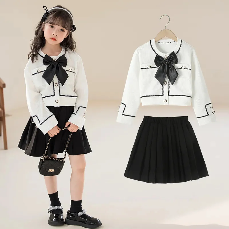 

2 Pieces Girls Outfit Set Korean Baby Clothes Spring 2023 White Tops Coat Skirts Sweet Cute Children Suits 6 To 15 Years Old