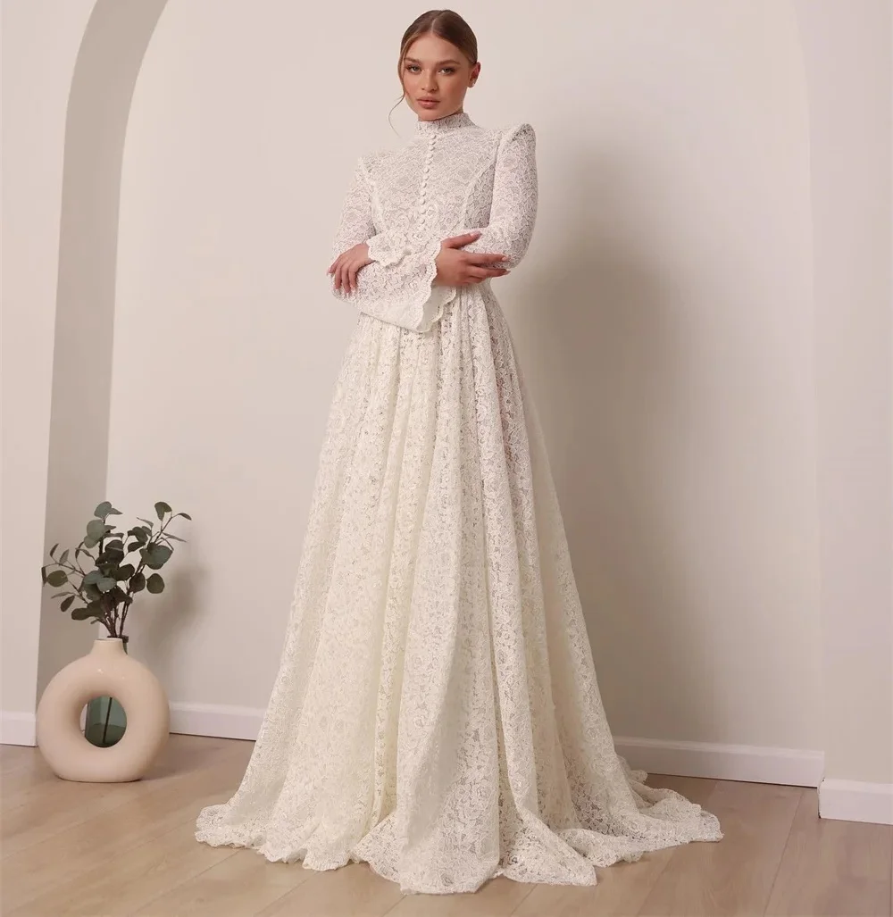 

New Muslim Wedding Dress Lace High Neck Long Sleeves A-Line Floor-Length Bridal Dress Vestidos de novia Arab Robes de mariée