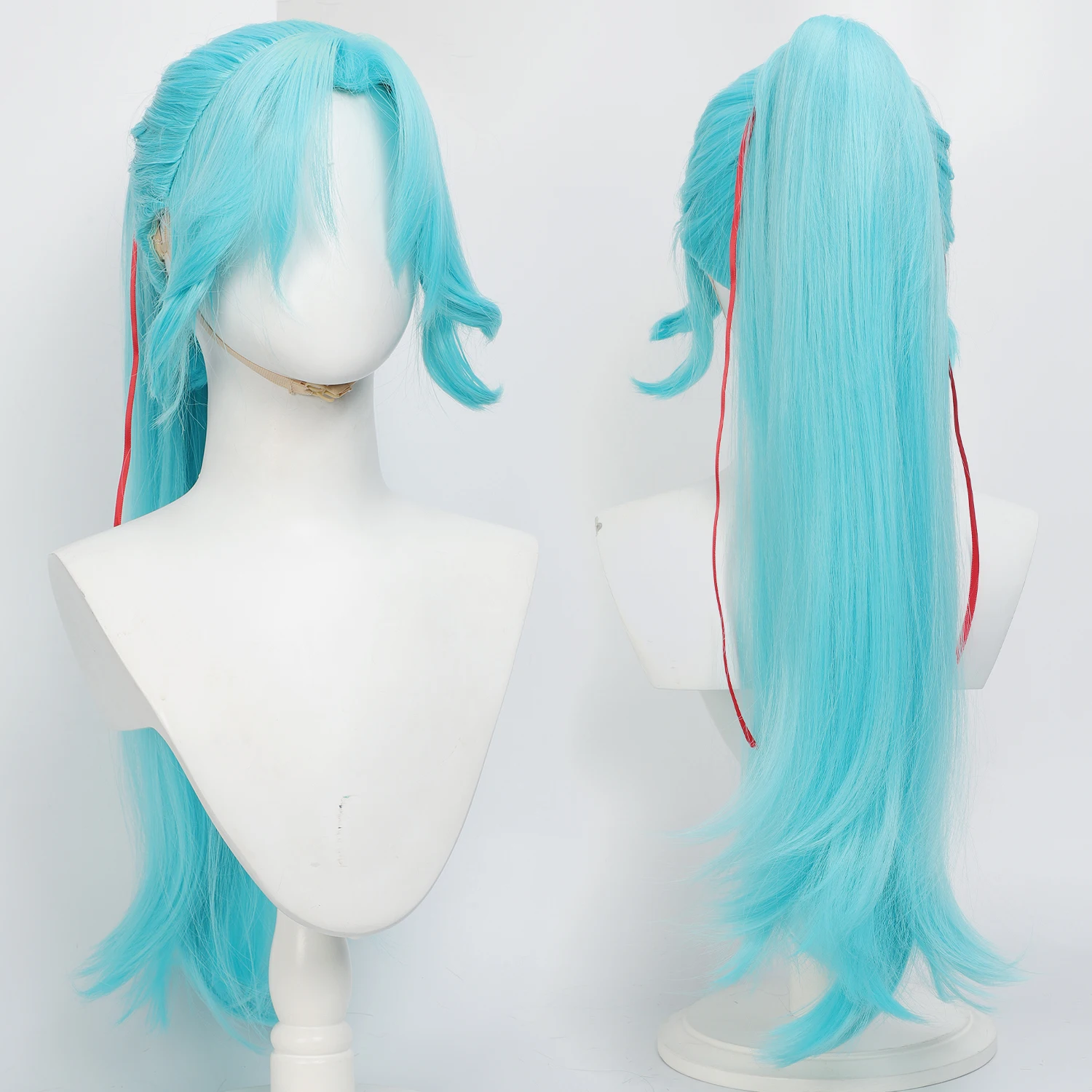Anime Game Cosplay Wig Cyan Blue Long Hair Detachable Ponytail With Claw Clip Heat Resistant Synthetic Fiber For Halloween Party