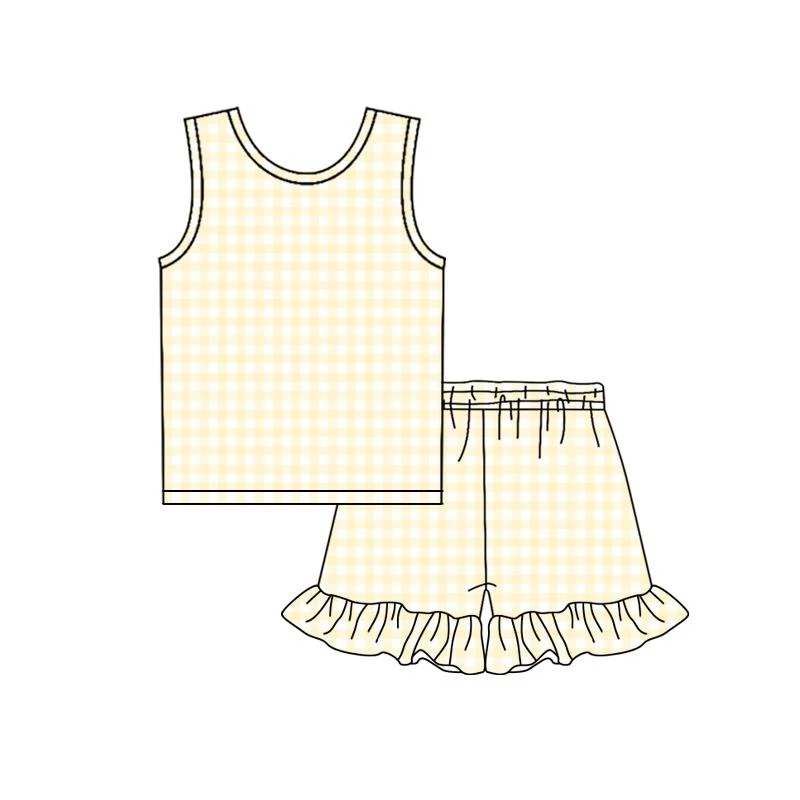 Pink Yellow and Purple Plaid Sleeveless Top and Ruffled Shorts Girls Summer Boutique Set Wholesale and Retail