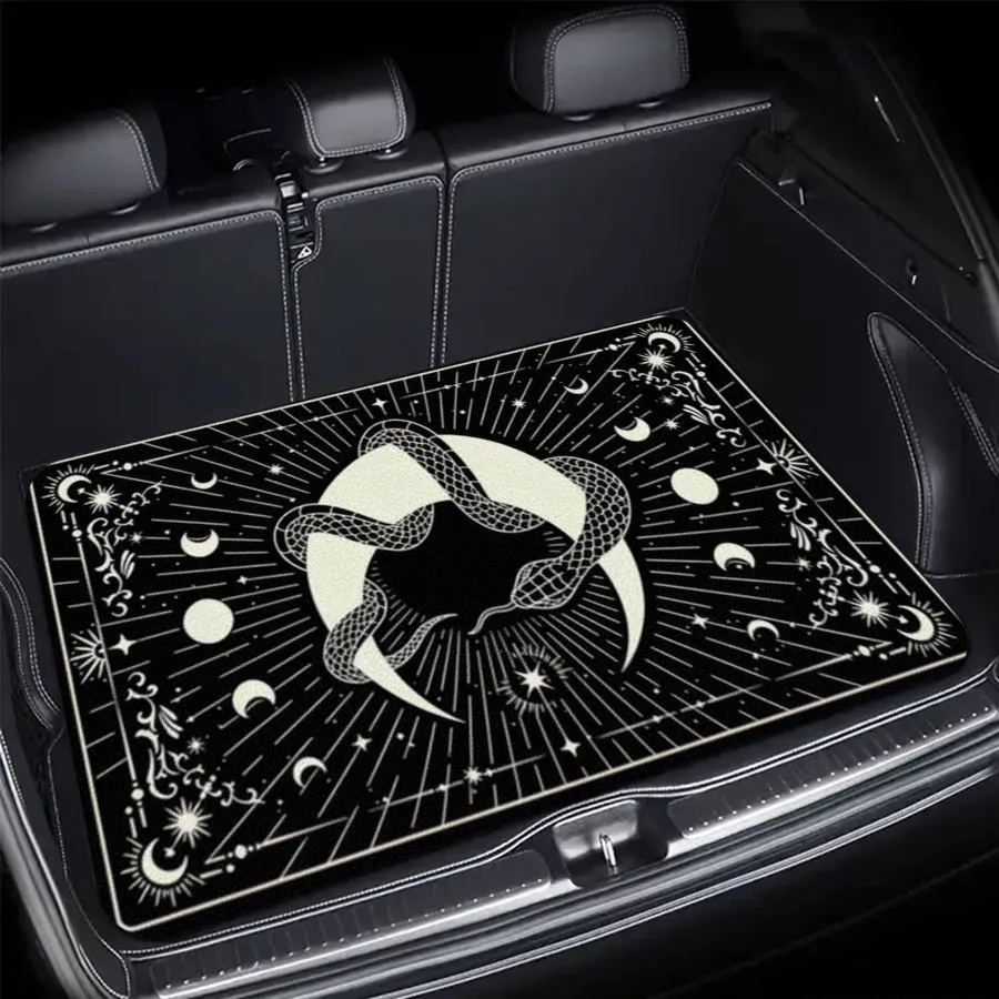 1pc Black And White Moon Snake And Stars Pattern Printed Car Trunk Mat, Interior Protection Cargo Liner, Durable Polyester Floor