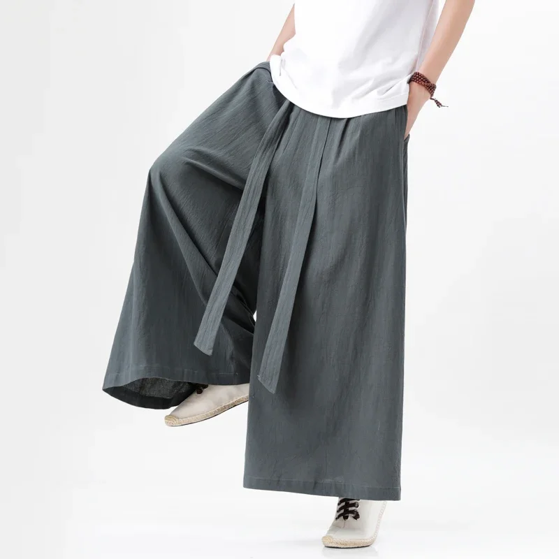 

2024 Chinese Style Harajuku Linen Cotton Linen Pants Man Japanese Kimono Pants Male Streetwear Summer Retro Wide-Leg Trousers