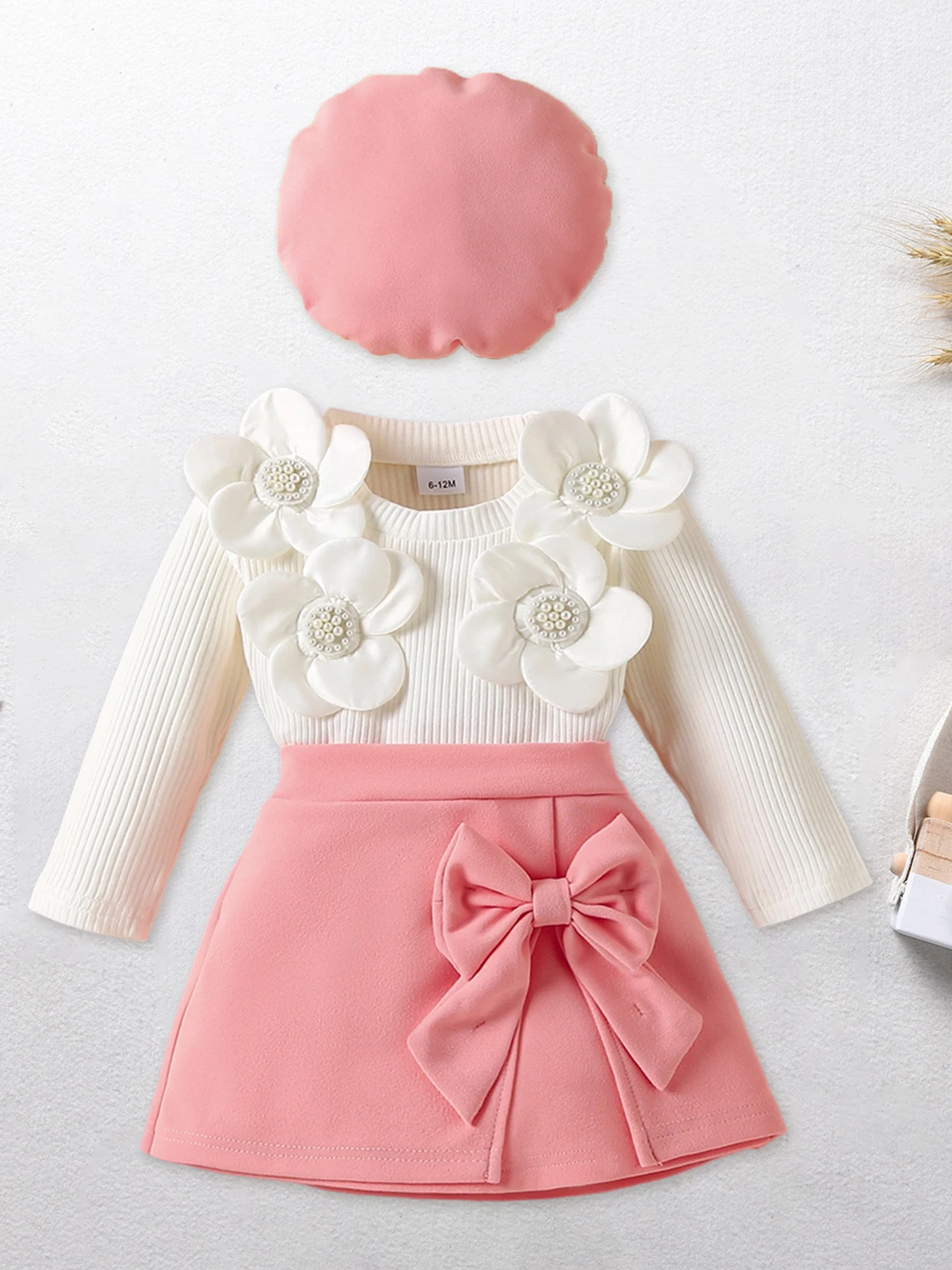 

Women s Fall Fashion Long Sleeve Floral Embroidered Ribbed Top with A-line Skirt and Beret Ensemble