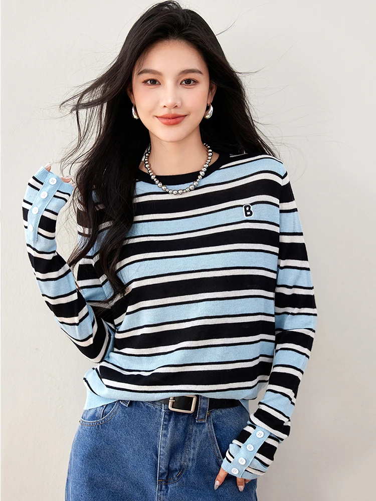 2024 Autumn New Striped Knit Sweaters Women Korean Style Long Sleeve Pullover Contrast Color Chic O-Neck Tops