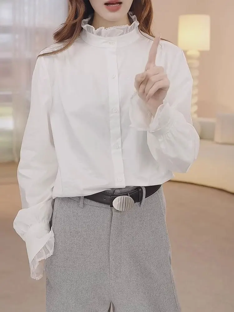 

Casual Chic Lace Collar Single Button Long Sve irt Commute Faionable Top Women Spring 2025 Poetic Lin Brand Loose Fit