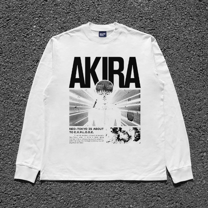 

AKIRA японский комикс научная фантастика черно-белая футболка с длинными рукавами с принтом унисекс в стиле панк уличные хлопковые топы с круглым вырезом