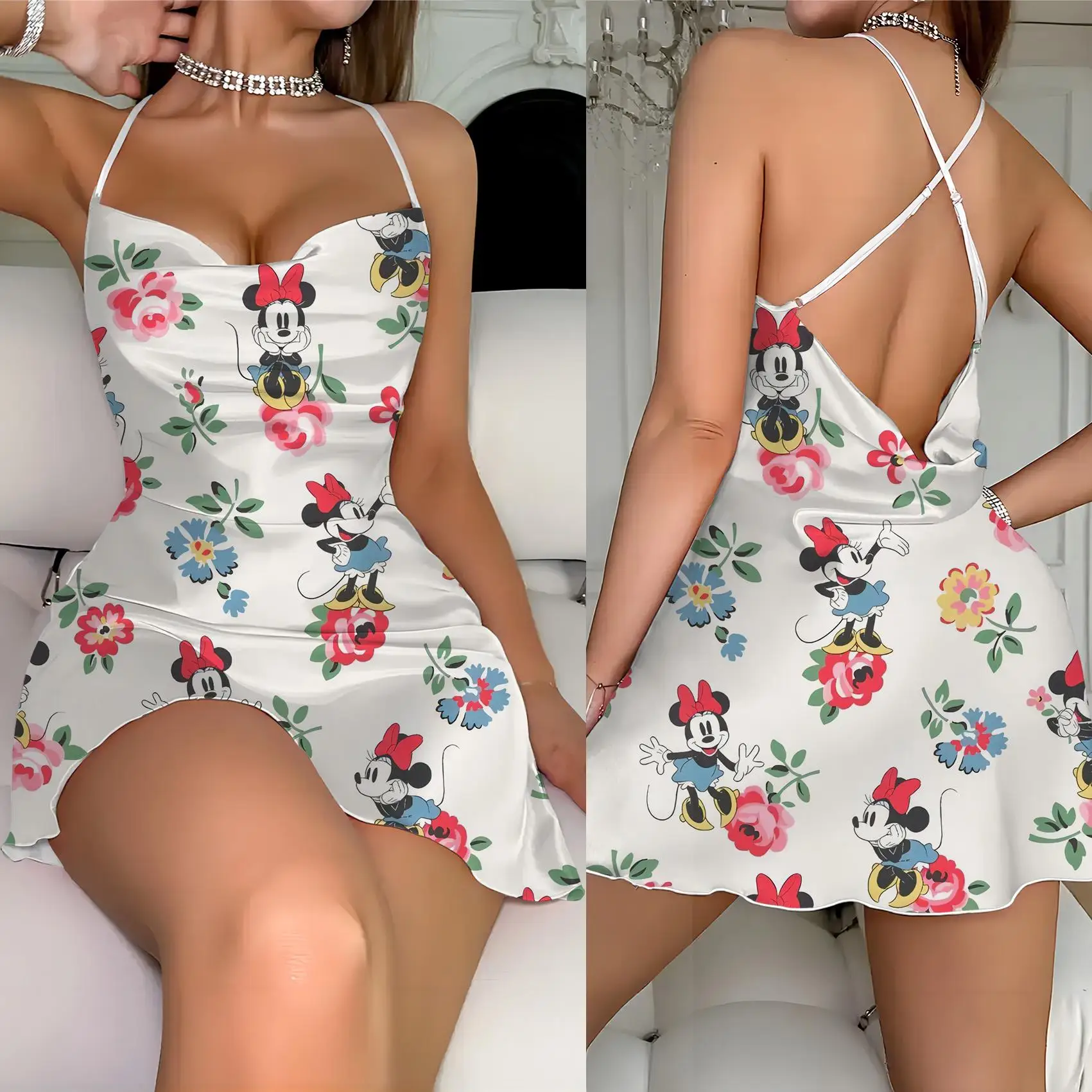 Disney-Vestido feminino de deslizamento com gola redonda, vestido sem costas, Mickey, Minnie Mouse, guarnição de alface, elegante, moda verão, casa, vestidos femininos, moda, 2022