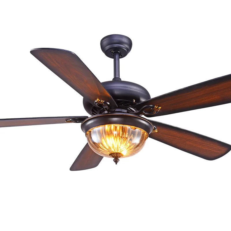 Retro Silent Dining Room Fan Light Bedroom Variable Frequency Ceiling Fan Light New Chinese Style Wood Leaf Gale