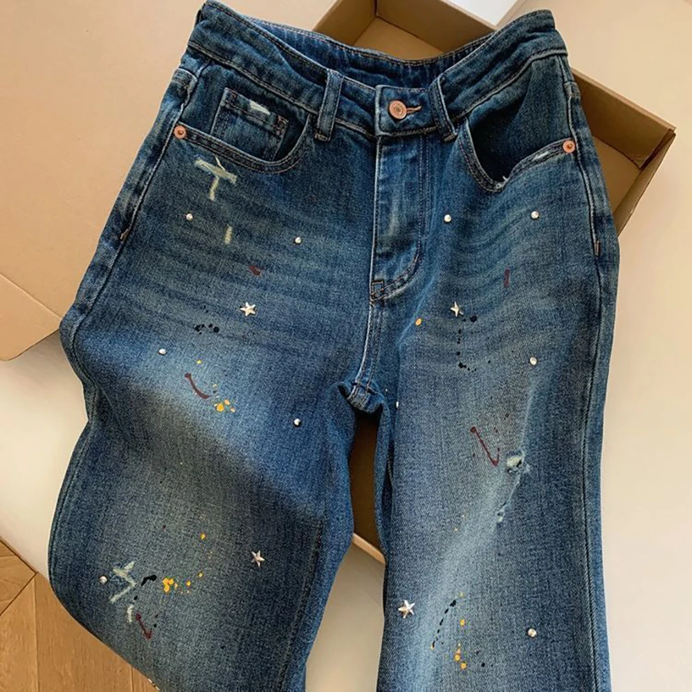 Trendy Splash-ink Star Paint Blue Jeans Women Spring Autumn High Waist Ripped Slim Denim Pants Narrow Straight Wide Leg Pants
