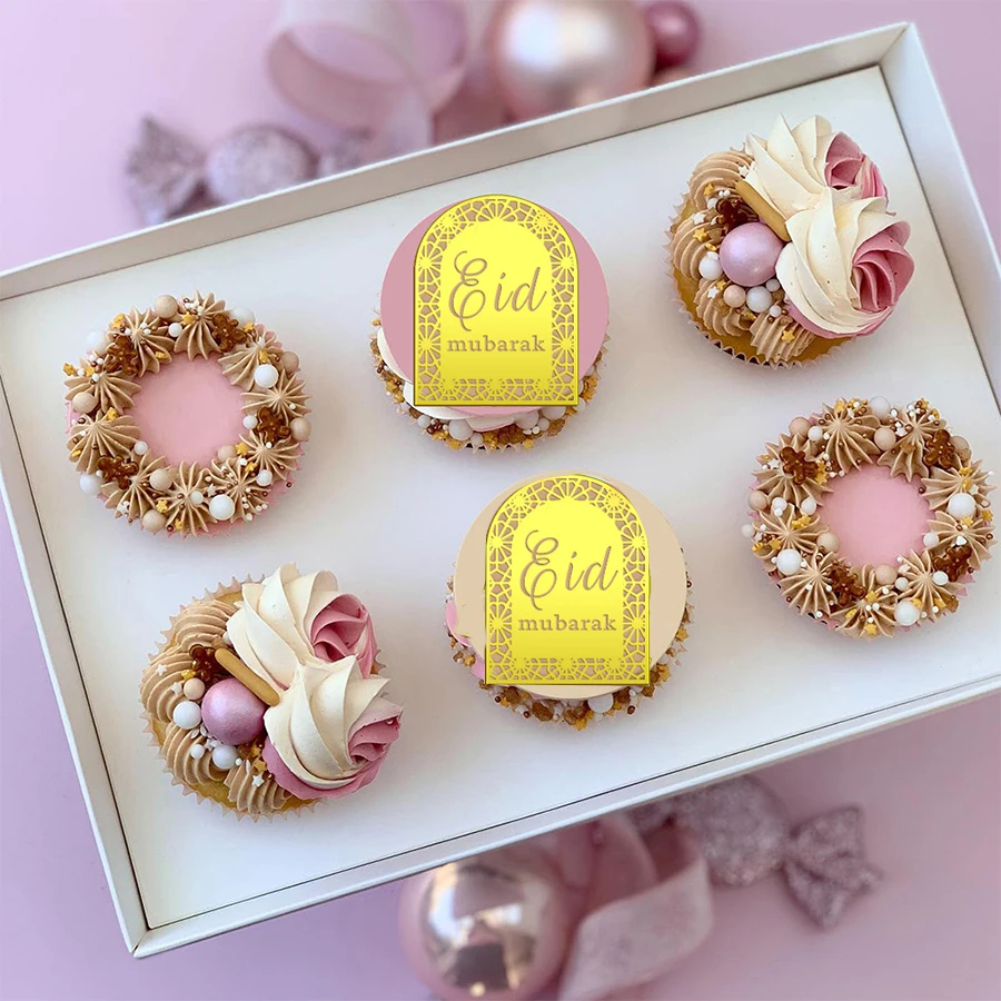 5Pcs/lot Gold Eid Mubarak Acrylic Cupcake Toppers Mirror Cake Topper Ramadan Islamic Muslim Party DIY Decorations Supplies