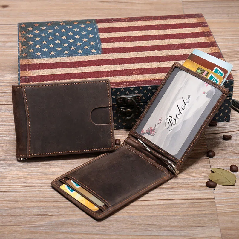 

Handmade RFID Anti-Radiation Wallet Genuine Leather Vintage Dollar Clip Leather Anti-Magnetic Thin Simple Design