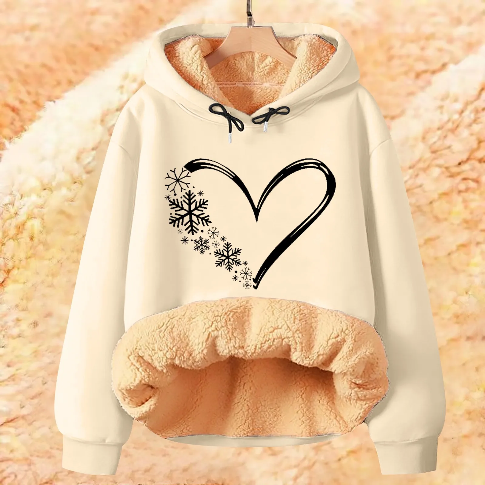 

Snowflake Heart Print Hoodies Ladies Fashion Christmas Fuuny Pattern Sweatshirts Women Fleece Lined Long Sleeve Hooded Baggy Top