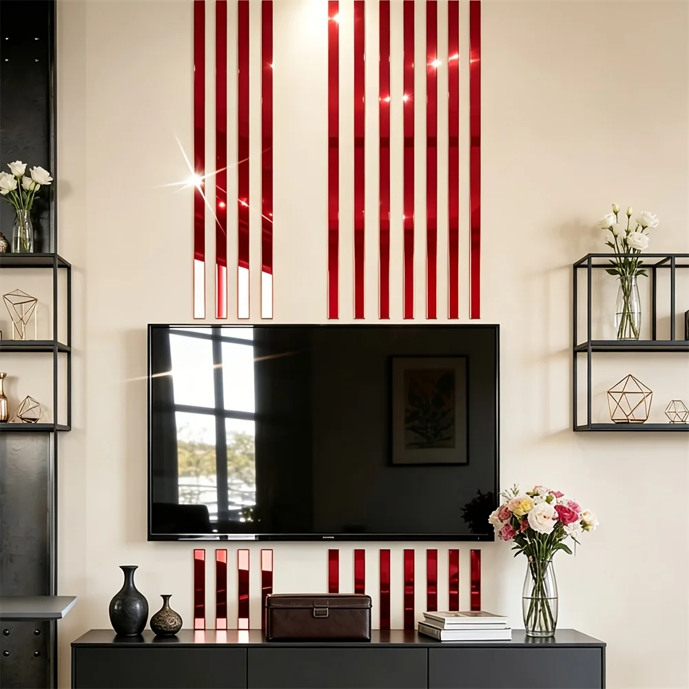 Easy Install No Punching 20PCS Red Long Strip Acrylic Mirror Wall Decals 2x50cm Strips Living Room Bedroom TV Background Decor