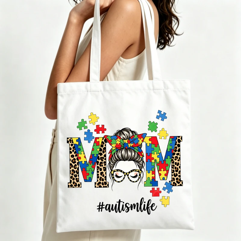 puzzle piece and letter print canvas tote bag, casual style for daily shopping and autism awareness outings