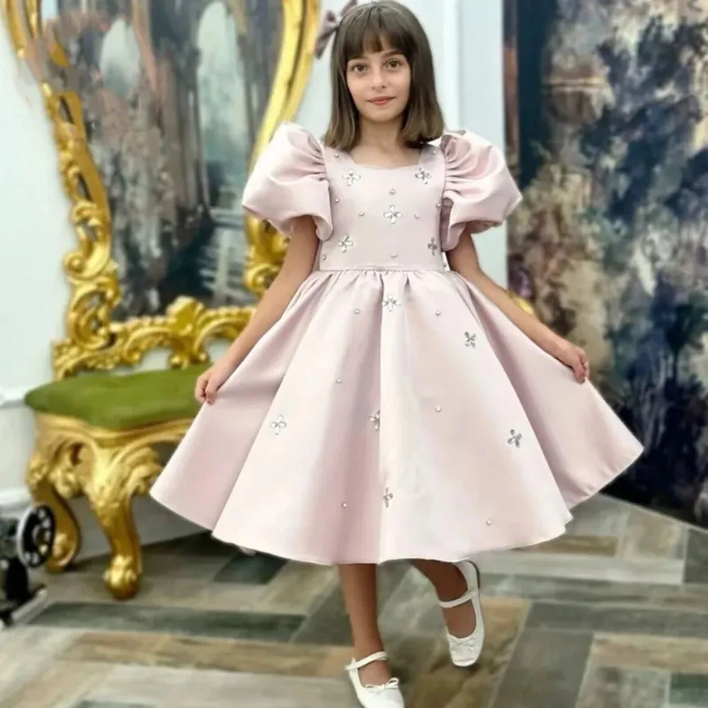 

Customized Flower Girl Dress For Wedding Bowknot Glitter Short Sleeve High Waist Elegant Kids Birthday First Communion Gown