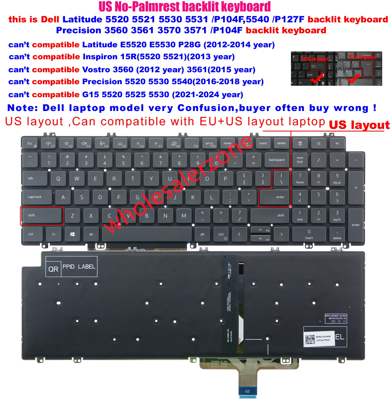 

Backlit US Keyboard for Dell Latitude 5520 5521 5530 5531 5540 P104F,Precision 3560 3561 3570 3571 laptop 0N7N16 NSK-QZABW