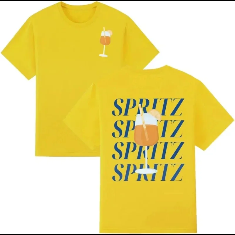 Nowy letni nadruk Aperol Spritz Drink koktajlowy wzór okrągły kołnierzyk luźne topy na co dzień T-shirt z krótkim rękawem ubrania damskie