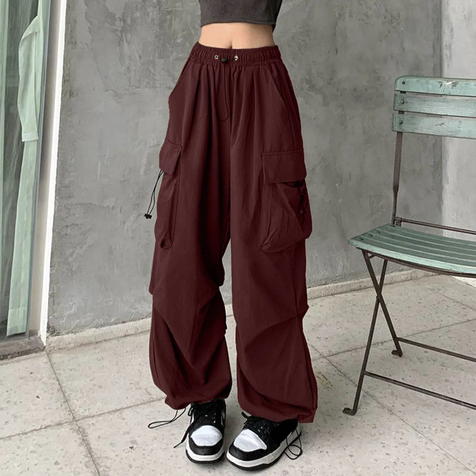 Women Big Pockets Cargo Pants Y2k High Elastic Waist Drawstring Baggy Trousers Vintage Casual Loose Side Zipper Straight Wear