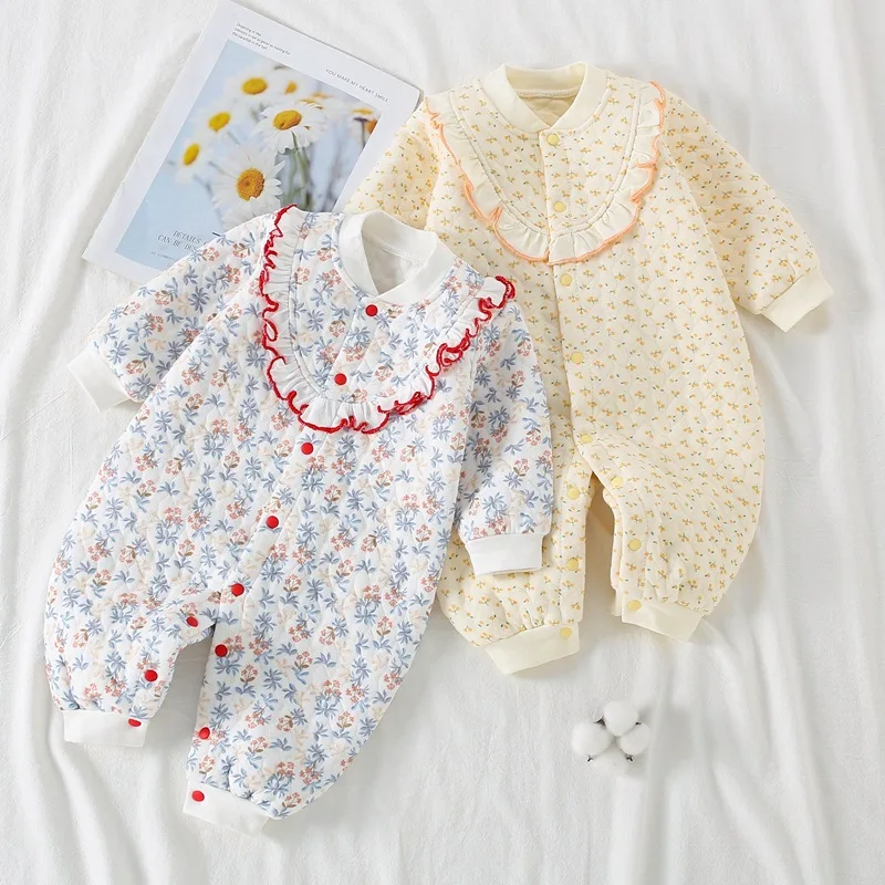 Spring Autumn Baby Girl Jumpsuit Warm Cotton Clip Class A Newborn Girls Onesies Floral Printed Lace Broder Infant Girls Bodysuit