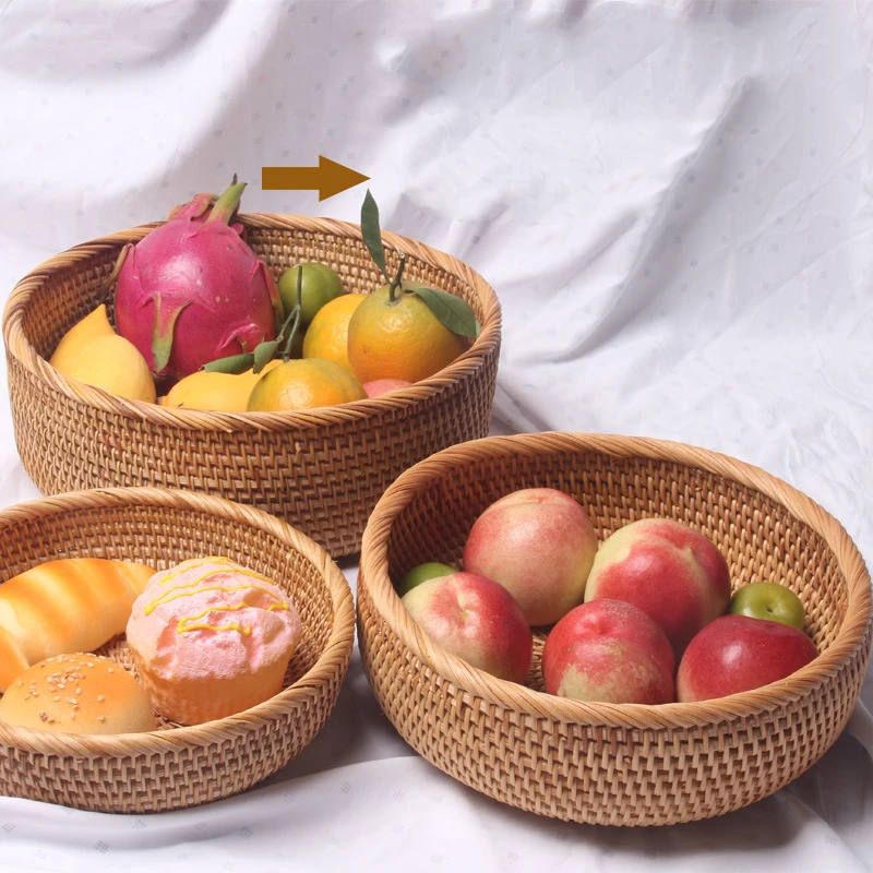 

Storage Tray Basket Handwoven Rattan Round Wicker Basket Bread Egg Food Plate Fruit Cake Platter Dinner Serving Tray