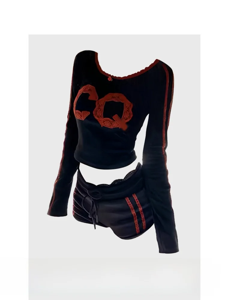 Sweet And Spicy Girl Lace Patchwork Letter Design Slimming Top And Low Waist Drawstring Shorts Set Women's Fashion Ensemble