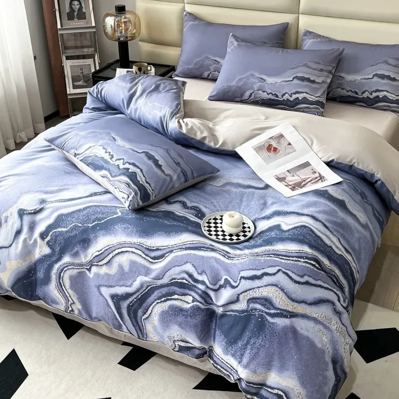 

Blue Gray Marble Bedding Set 100%Cotton Ultra Soft Duvet Cover Men Teens Boys Modern Abstract Art printed Comforter Cover set