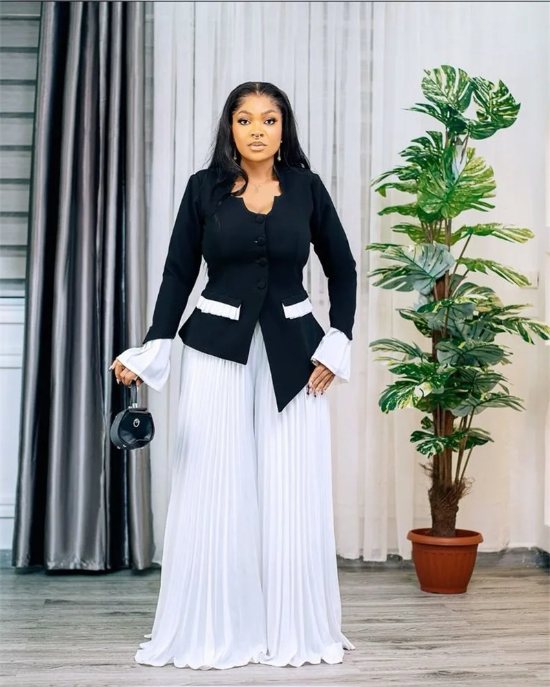 Black White Women Suit Set 2 Pcs Blazer+Loose Pants Trousers Autumn Spring Formal Office Jacket Customized Wedding Tuxedos Coat