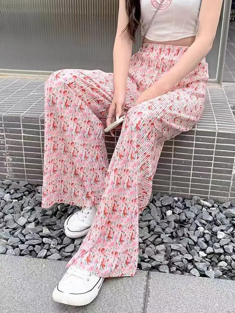 Elastic Waist Boho Plaid Flower Pleated Long Pant Wide Straight Leg Trouser Casual korean Women Elegant Home Sleeping Pants