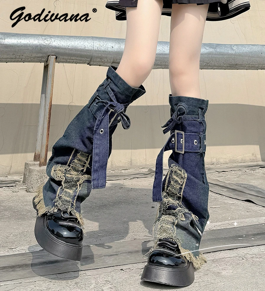 Hot Girl Cross Denim Leg Warmer Subculture Strap Punk Black Leg Warmers Harajuku Blue Jeans Foot Sock Long Calf Socks Female