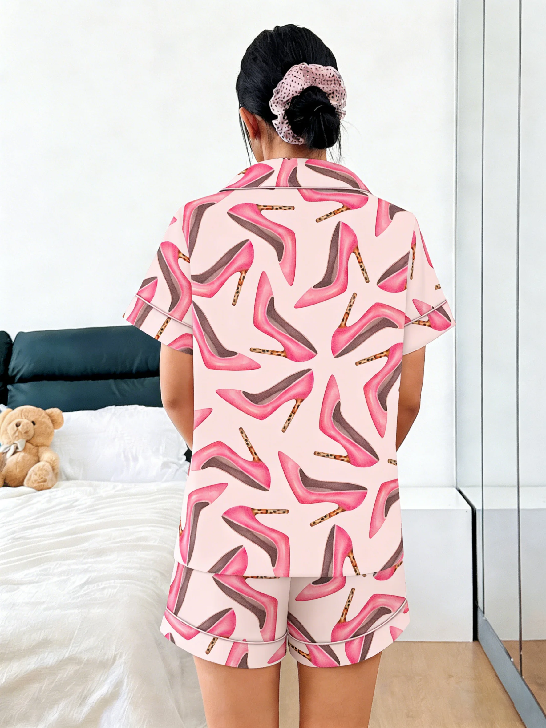 Women Pajamas Cardigan Lapel Short Sleeve Shorts 2 Piece Set Spring Summer Pink High Heels Print Homewear Loungewear