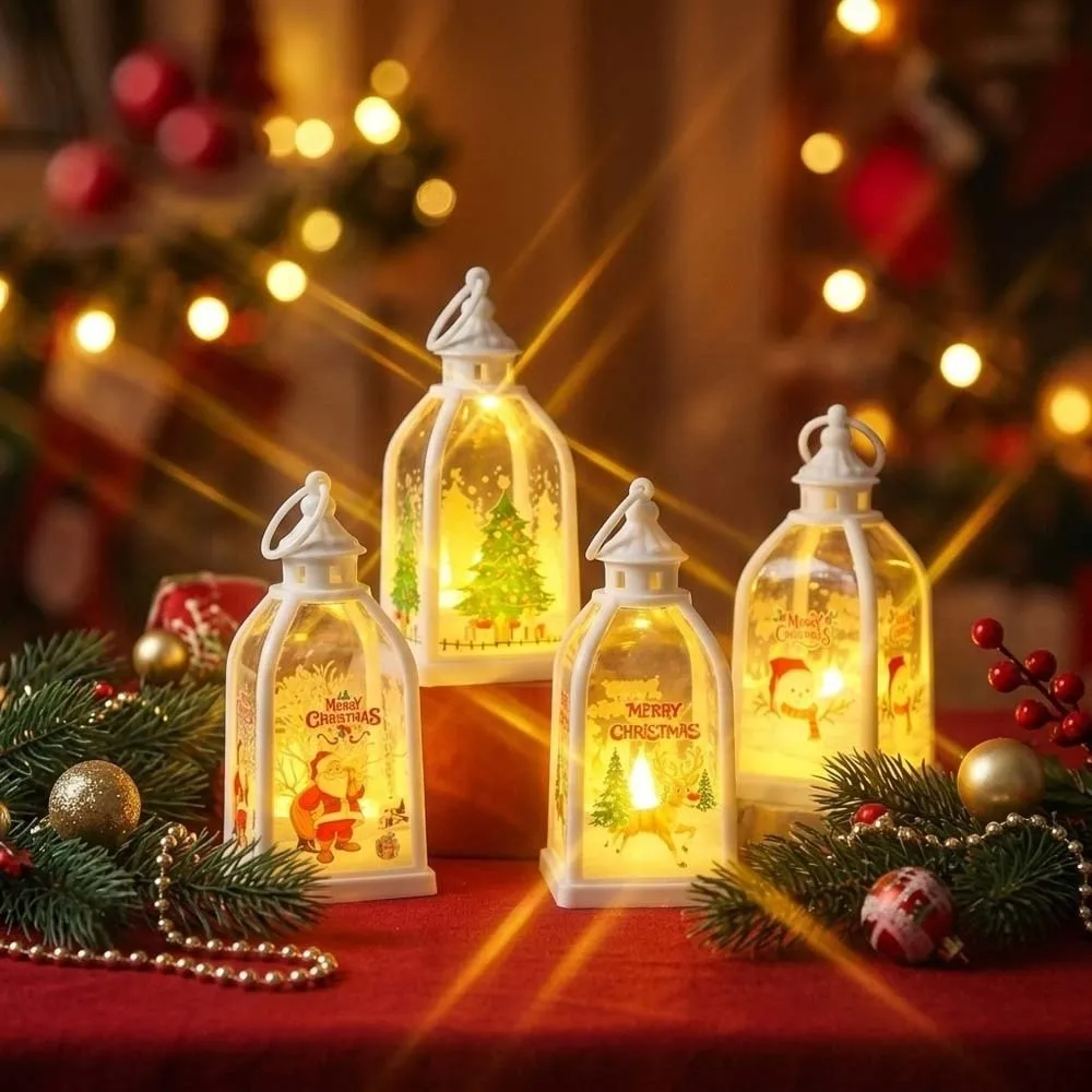 Warm Glow Christmas Lantern Vintage Shape Hanging Ring LED Candle Lamp Printed Pattern Lightweight Design