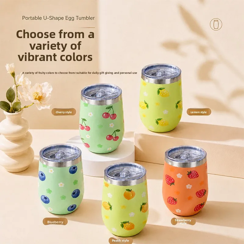 350ml/12oz Cute Fruit Print U-Shape Egg Tumbler 304Stainless Steel Vacuum Insulated Cup Portable Leakproof Straw Coffee Mug Gift