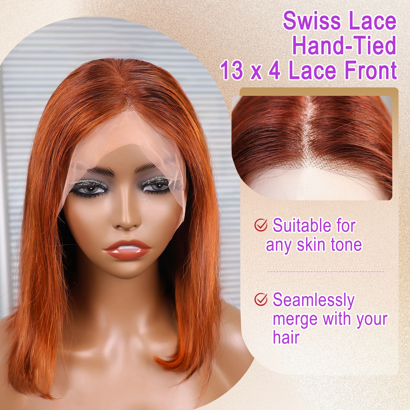 Прямой парик Боб Шелковистый мелированный рыжий оранжевый цвет 200% Плотность 13x4 Парик фронта шнурка 100% парики из человеческих волос Предварительно выщипанные детские волосы