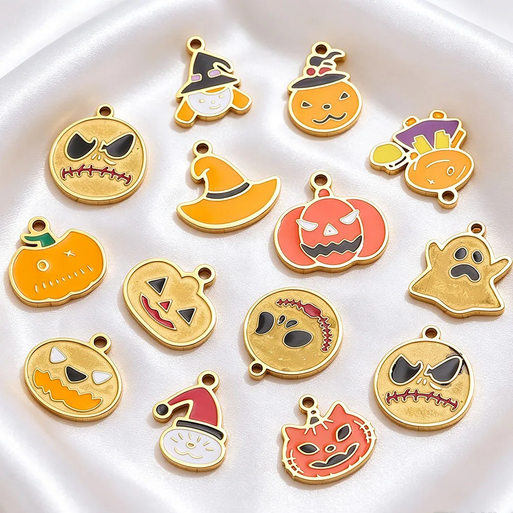 5pcs Enamel Pumpkin Ghost Pendant 18k Stainless Steel Halloween Charm DIY Necklaces Earrings Keychain Jewelry Findings Wholesale