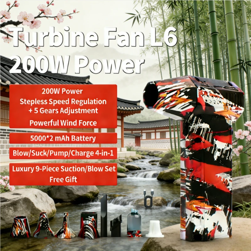 

Turbine Fan L6 200W High-Power 4-in-1 Tool: Blow/Suck/Pump/Charge, Dual 5000mAh Battery & 4-Piece Accessory Set