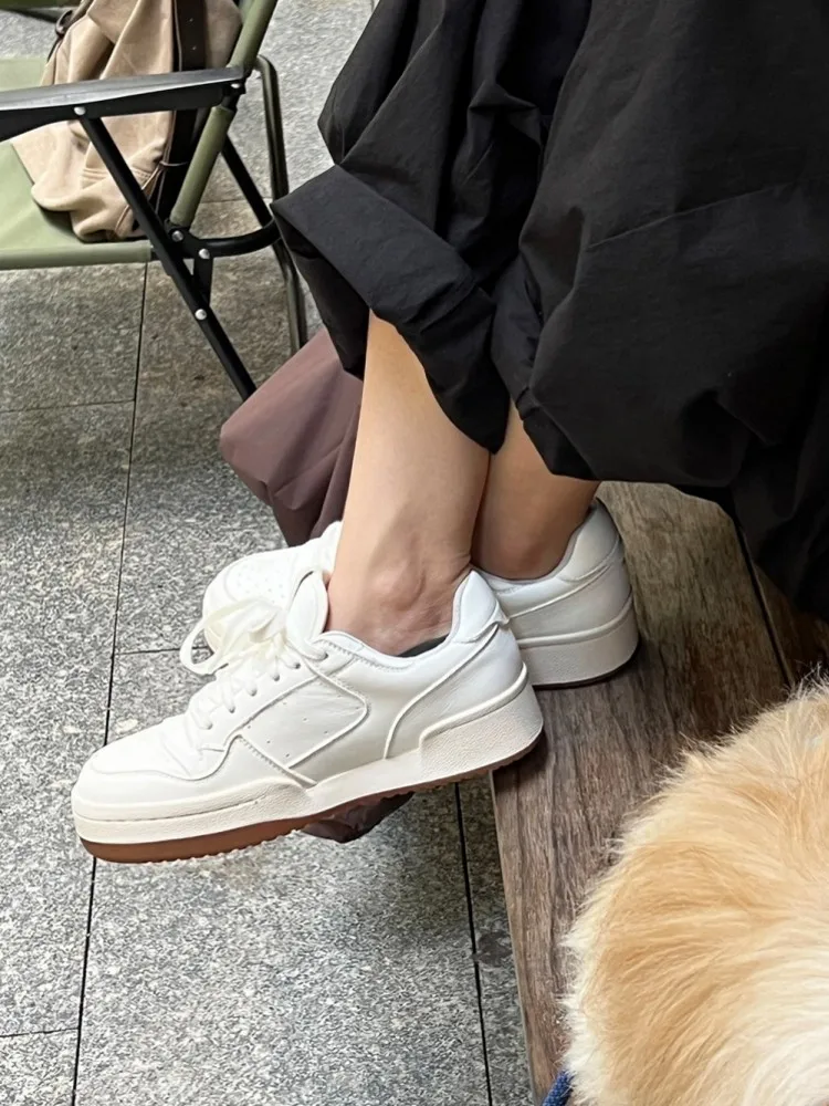 Autumn Winter Casual Ladies Lace Up Skateboard Genuine Leather Mid Heel Comfortable Pumps Round Toe Elegant Fashion Women Shoes