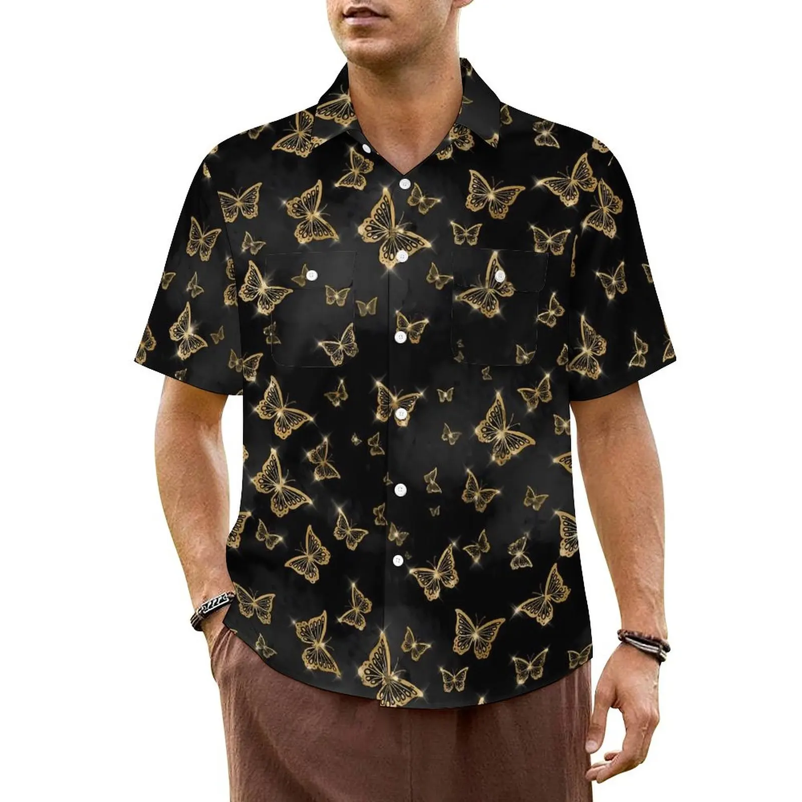 

Butterfly Casual Shirt Gold and Black Cool Summer Shirts Men Short-Sleeve Beach Harajuku Custom DIY Plus Size 6XL 7XL Blouses