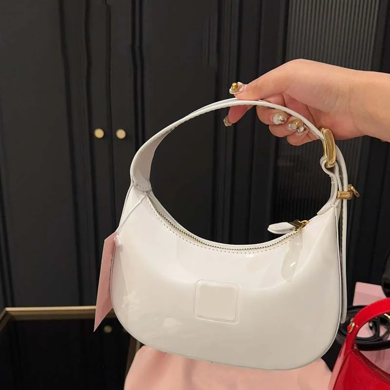 Patent Leather Saddle Bag Women New Red Black White Glossy  Genuine Leather Underarm Bag Luxury Retro Crescent Crossbody Bag