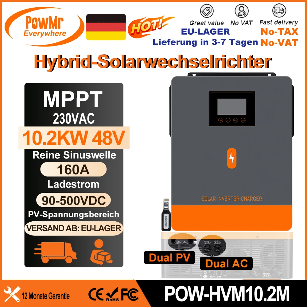 PowMr hatte 10,2 kW 48 V Hybrid-Solarwechselrichter, reine Sinuswelle, 230 VAC Ausgang, Dual-MPPT, 160 A Solarpanel, 500 VDC, für Lebensdauer, Epo4-Batterie