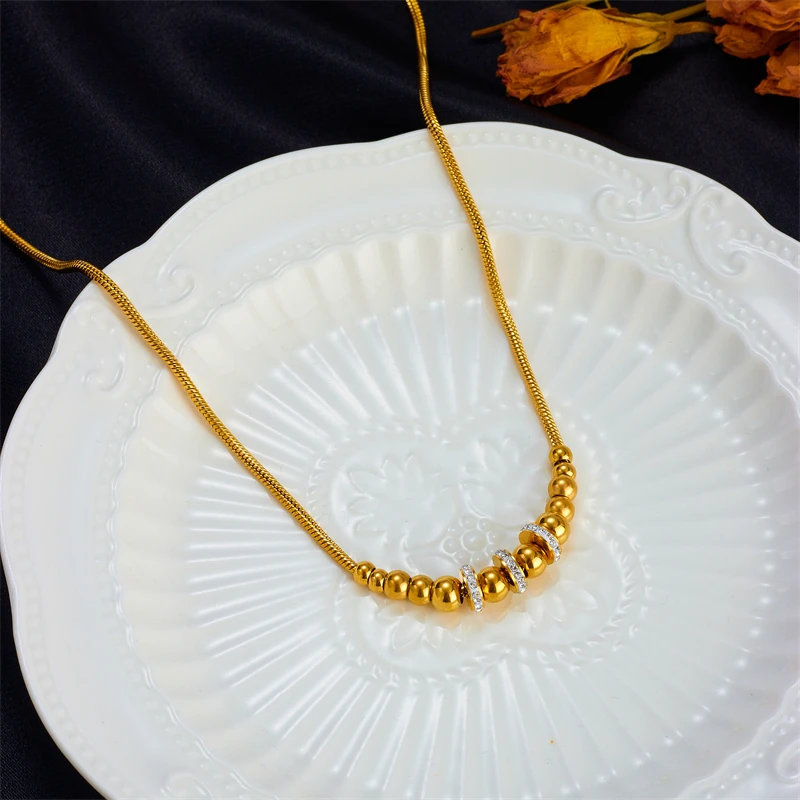 316L Stainless Steel New Fashion Fine Jewelry Zircon Gradual Size Bead Charm Thick Snake Chain Choker Necklace Pendant For Women