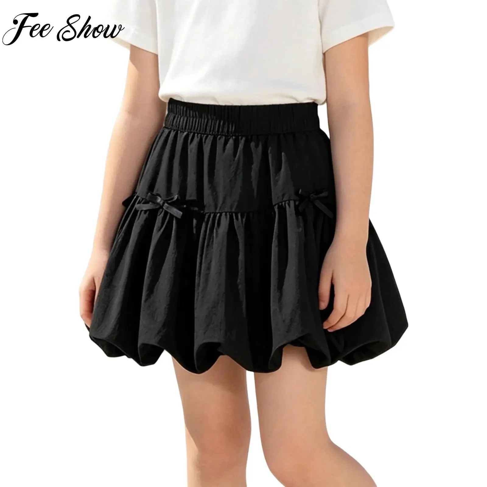 Kids Teen Girls Casual Leisure Bow-tie Inner Shorts Ruffled Elastic Waistband Puff Flower Bud Skirt for Daily Wear Party Outings