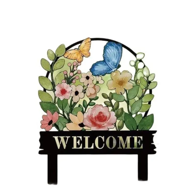 Welcome Garden Soil Stake in Iron, Twin-Pointed Insert for Yard and Lawn Placement, Metal Welcome Sign for Flower Bed D2RD