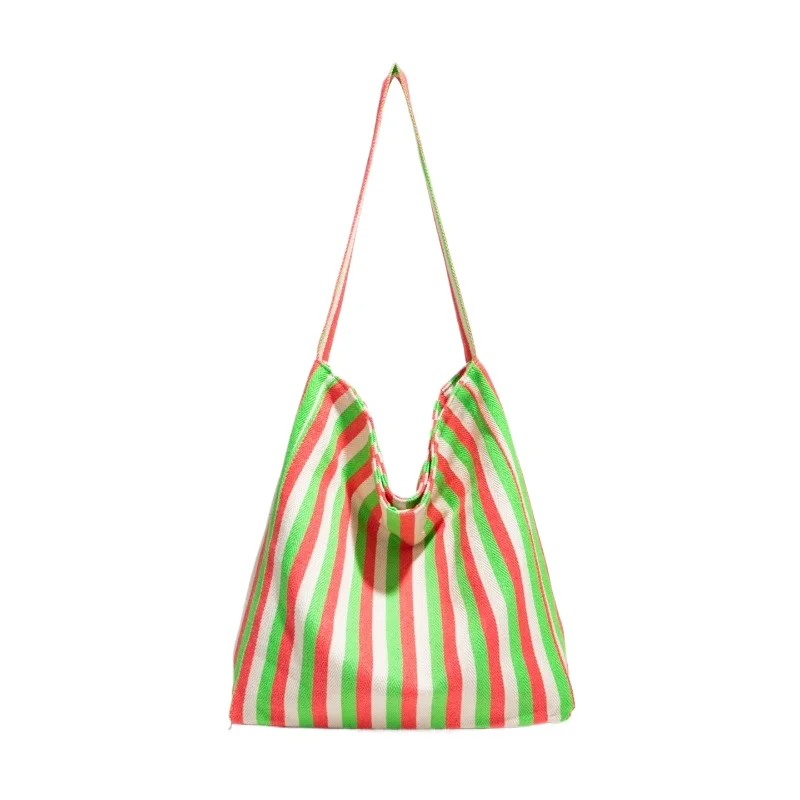 

Women's Large Capacity Canvas Shoulder Bag Korean Style Striped Slouchy Underarm Bag Commute Daily